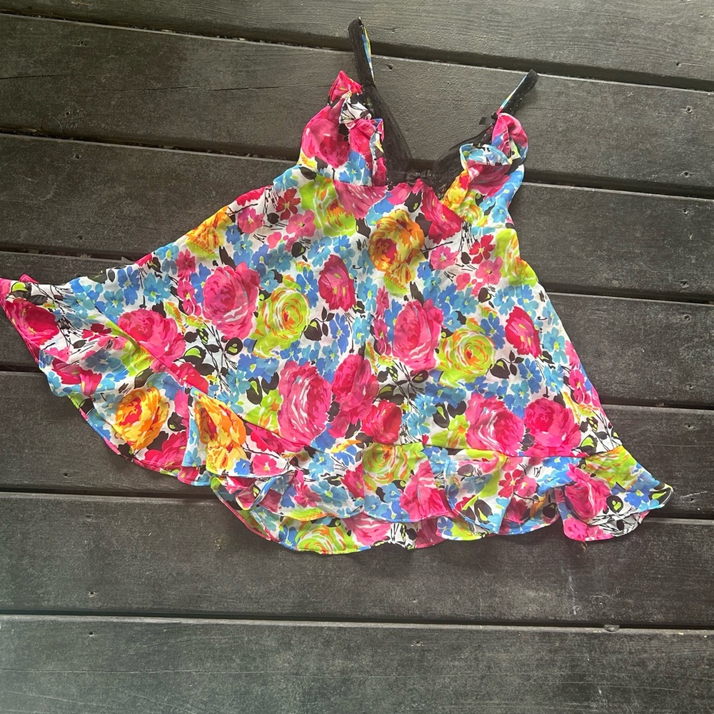 Floral Betsey Johnson babydoll sheer dress with Black lace